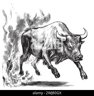 Toro arrabbiato che corre nel fuoco schizzo disegnato a mano illustrazione vettoriale. Illustrazione Vettoriale