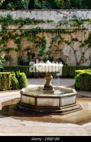 Fontana nei giardini storici, arabo, islamico, orientale, giardini Generalife, Alhambra, Granada, Spagna Foto Stock