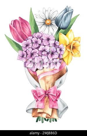 Bouquet di acquerelli primaverili con tulipani, ortensie, narcisi in confezioni di carta. Primavera isolata con bouquet di fiori disegnato a mano su sfondo bianco per Foto Stock