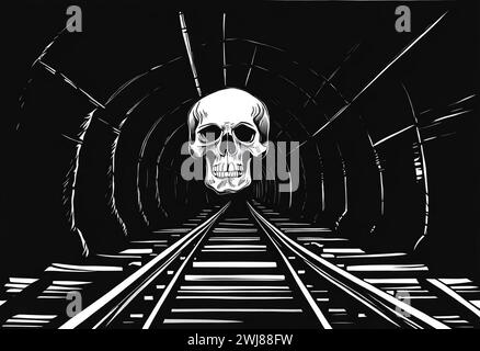 Cranio su sfondo nero, binari ferroviari che conducono in lontananza e buio. Foto Stock