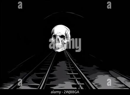 Cranio su sfondo nero, binari ferroviari che conducono in lontananza e buio. Foto Stock