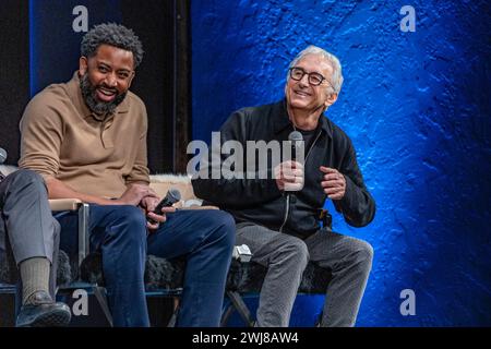 Il 39° Festival annuale del Cinema Internazionale di Santa Barbara, Producers Panel: (l-r) Jermaine Johnson e Fred Berner all'Arlington Theatre il 10 febbraio 2024 a Santa Barbara, CA. (Foto di Rod Rolle/Sipa USA) credito: SIPA USA/Alamy Live News Foto Stock