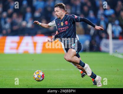 Jack Grealish del Manchester City durante il turno di UEFA Champions League 16 tra FC Copenhagen e Manchester City nella prima tappa a Parken, Copenhagen, martedì 13 febbraio 2024. (Foto: Liselotte Sabroe/Ritzau Scanpix) Foto Stock