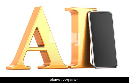Smartphone con intelligenza artificiale, concetto. Rendering 3D isolato su sfondo bianco Foto Stock