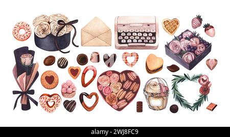 Concetto d'amore: Biscotti realistici, dolci dessert, bouquet di rose in una scatola a forma di cuore con macaron e macchina da scrivere. Illustrazione disegnata a mano in acquerello Foto Stock