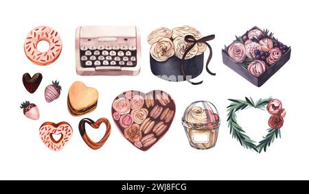 Concetto d'amore: Biscotti realistici, dolci dessert, bouquet di rose in una scatola a forma di cuore con macaron e macchina da scrivere. Illustrazione disegnata a mano in acquerello Foto Stock