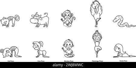 Set di pose per animali da yoga per bambini. Gatto, mucca, scimmia, fenicottero, asana serpente. Illustrazione vettoriale dei cartoni animati in stile doodle. Illustrazione Vettoriale