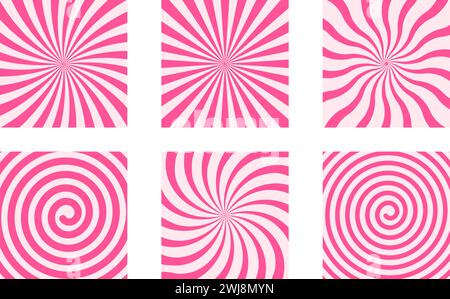 Set di simpatici sfondi lecca-lecca. Caramelle, gelati, yogurt, caramello o marshmallow con strisce rosa radiali, design a spirale e a spirale. Sfondo per compleanno o Natale. Illustrazione piatta vettoriale Illustrazione Vettoriale