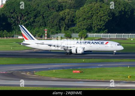 Atterraggio di aeromobili Boeing 787-8 di Air France. Aereo B787 dalla compagnia aerea francese AirFrance in arrivo. Aereo conosciuto come Dreamliner appartenente ad Air France. Foto Stock