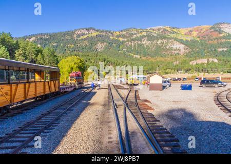 Stazione ferroviaria di Rockwood sulla Durango and Silverton Narrow Gauge Railroad in Colorado. Rockwood è l'ultima fermata tra Durango e Silverton. Foto Stock