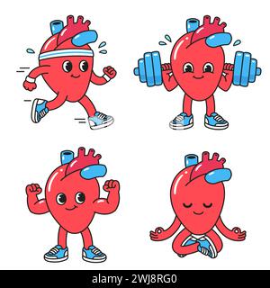 Carino cartoni animati cuore personaggio salute e fitness set, semplice illustrazione vettoriale in stile retrò. Corsa, sollevamento pesi, meditazione. Illustrazione Vettoriale