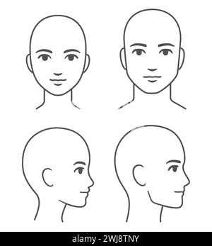 Uomo e donna profilo viso e testa (senza capelli). Modello di testa vuoto maschio e femmina per infografica medica. Illustrazione vettoriale isolata. Illustrazione Vettoriale