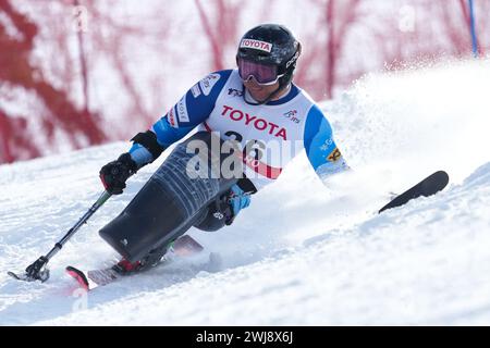 Sapporo, Giappone. 13 febbraio 2024. Taiki Morii (JPN) Sci alpino : Slalom maschile seduto a Sapporo Teine durante la Coppa del mondo di sci alpino FIS Para 2024 a Sapporo, Giappone . Crediti: SportsPressJP/AFLO/Alamy Live News Foto Stock