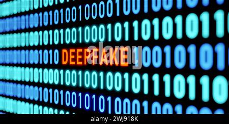Messaggio deepfake tra codice binario. Messaggio finto. Codice binario, zero e uno, deepfake nel sistema. Segnale di avvertimento sullo schermo. Messaggio di sistema, cib Foto Stock