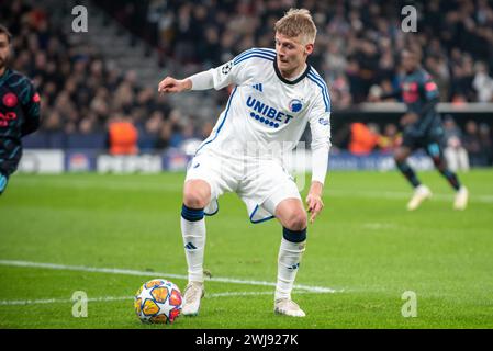 Copenaghen, Danimarca. 14 febbraio 2024. Magnus Mattsson di Copenaghen durante la UEFA Champions League, turno di 16 partite tra il FC Copenhagen e il Manchester City al Parken di Copenaghen, Danimarca, il 13 febbraio 2024 (foto di Andrew SURMA/ Credit: SIPA USA/Alamy Live News Foto Stock