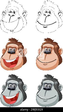 Sei illustrazioni vettoriali di allegri volti delle scimmie. Illustrazione Vettoriale
