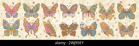 Set di farfalle retrò, stampa cartoon hippie art, decorazioni vintage vettoriali. Farfalle gole con decorazioni colorate sulle ali con motivo floreale, stellare e a cuore, hippie estive o falena funky Illustrazione Vettoriale