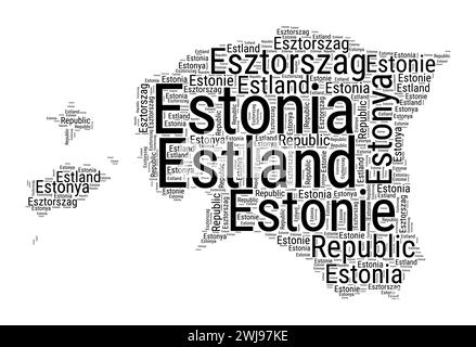 Nuvola di parole in bianco e nero a forma di Estonia. Semplice illustrazione del paese in stile tipografico. Nuvola di testo nera Estonia su sfondo bianco. Vettore Illustrazione Vettoriale