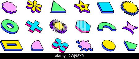 Set di forme isometriche colorate. Collezione di oggetti geometrici astratti con contorno luminoso. Confezione retrò e brutalista in stile Bauhaus o Memphis. Elementi volumetrici vintage per poster, copertina, banner. Vettore Illustrazione Vettoriale