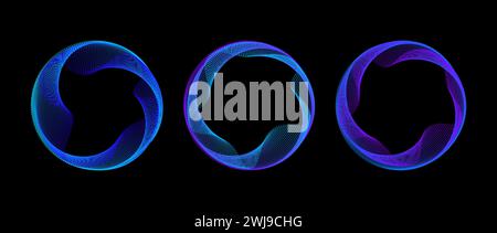 Set di cerchi tratteggiati al neon. Collezione di cornici tecniche rotonde e luminose blu viola. La linea di punti curva si arrotola su sfondo nero. Bordino circolare sfumato luminoso. Fascio di elementi di progettazione vettoriali Illustrazione Vettoriale