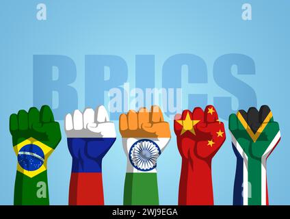 Illustrazione vettoriale dei pugni con le bandiere dei paesi BRICS Illustrazione Vettoriale