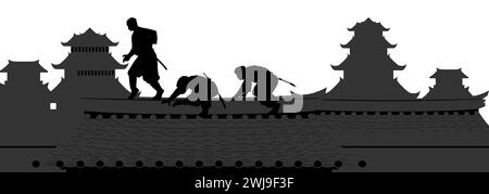 Immagini vettoriali dei ninja si stanno intrufolando sul tetto per compiere una missione segreta Illustrazione Vettoriale