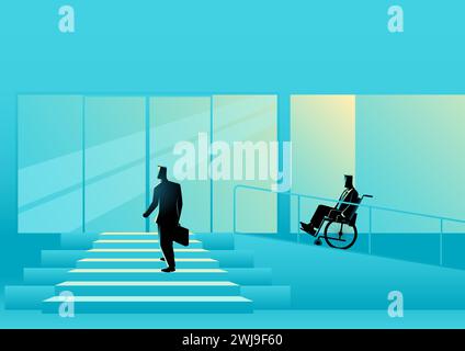 Un uomo d'affari in sedia a rotelle entra in ufficio tramite rampe speciali, uffici per disabili, strutture per disabili, illustrazione vettoriale Illustrazione Vettoriale