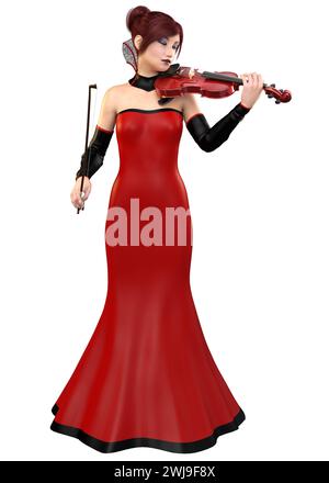 Una giovane donna con un abito in pelle rosso nero suona il violino, illustrazione 3D. Foto Stock