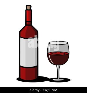 Doodle art of wine bottle and glass, delinea l'illustrazione vettoriale isolata su bianco Illustrazione Vettoriale