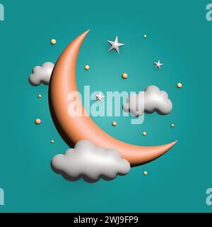 Una luna crescente vettoriale Ramadan 3D con stelle e nuvole sullo sfondo sfumato verde Illustrazione Vettoriale