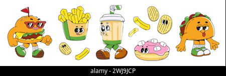 Set di personaggi cartoni animati in stile retrò con volti simpatici. Funky fast food e mascotte da bere con emozioni - hamburger e patatine fritte, bicchieri di plastica e ciambelle con marshmallow, taco e patatine fritte Illustrazione Vettoriale