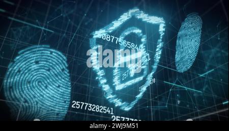 Immagine dei numeri che cambiano , impronte digitali blu brillanti e lucchetto di sicurezza online Foto Stock