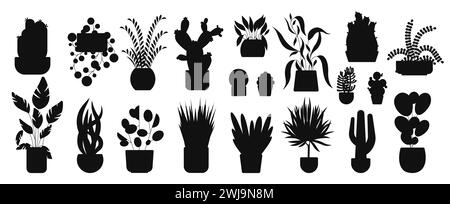 Silhouette di piante d'appartamento. Icone del giardino Flowerpot, piante da interno che crescono in vasi, decorazioni botaniche frondose per la decorazione d'ufficio. Gruppo vettoriale Illustrazione Vettoriale