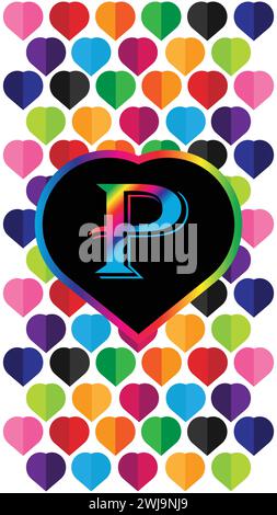 Lettera P nel cuore dei cuori colorati su sfondo bianco. Adatto per lo sfondo di un telefono cellulare moderno. Sfondo mobile 4k Illustrazione Vettoriale