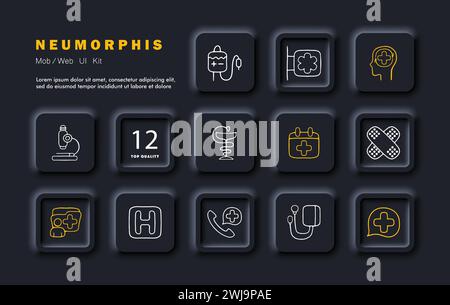 Icona linea impostazione farmaci. Contagocce, calendario, visite, serpente con una tazza, patch, terapia, aiuto. Icona della linea vettoriale per aziende e pubblicità Illustrazione Vettoriale