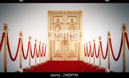 Tappeto rosso e corde di velluto che conducono alla porta dorata. Illustrazione 3D. Foto Stock
