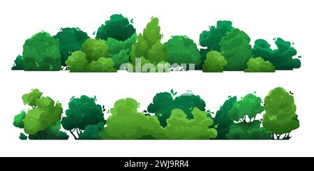 Siepe verde cartoni animati. Arbusto floreale con foglie, piante da giardino botanico con rami, semplice recinzione stilizzata. Set isolato vettoriale Illustrazione Vettoriale