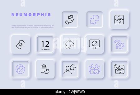 Icona della linea di impostazione dei puzzle. Divertimento, puzzle, connessione, pezzi, giocattoli educativi per bambini, per tutta la famiglia. Stile neomorfismo. Icona della linea vettoriale per B. Illustrazione Vettoriale