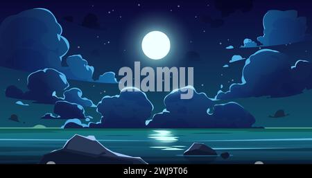 Cielo marino notturno cartoni animati. Cielo di mezzanotte con luna, chiaro di luna blu e stelle, magico paesaggio marino serale della costa oceanica e nuvole di cumulus. Orizzontale vettoriale Illustrazione Vettoriale