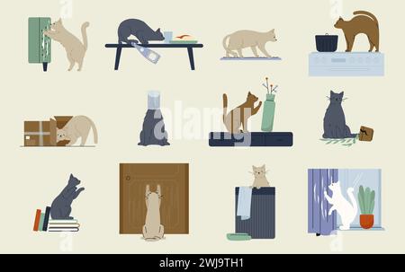 Cattivo comportamento da gatto. I personaggi dei cuccioli dei cartoni animati giocano, graffiano, distruggono e fanno buffi fuorvianti. Collezione Vector Funny Home PET Illustrazione Vettoriale