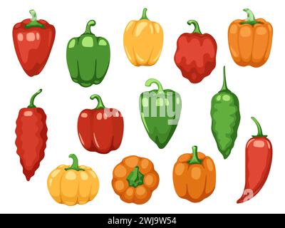 Vari peperoni. Cartoni animati rosso verde giallo arancio paprika dolce, verdure biologiche fresche per cucinare e mangiare sano. Set colorato vettoriale Illustrazione Vettoriale