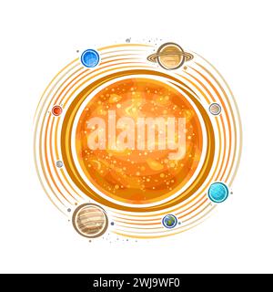 Logo vettoriale per sistema solare, stampa cosmica decorativa con sole stella arancione, pianeti rotanti del sistema solare e lune diverse, adesivo rotondo cosmo Illustrazione Vettoriale