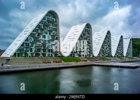 vejle, danimarca, 07 agosto 2023, Bolgen, The Wave, moderno edificio residenziale nel porto *** vejle,dänemark, 07 agosto 2023, Bolgen, Die Welle, modernes Wohngebäude im Hafen Copyright: XWolfgangxSimlingerx Foto Stock