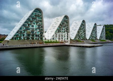 vejle, danimarca, 07 agosto 2023, Bolgen, The Wave, moderno edificio residenziale nel porto *** vejle,dänemark, 07 agosto 2023, Bolgen, Die Welle, modernes Wohngebäude im Hafen Copyright: XWolfgangxSimlingerx Foto Stock