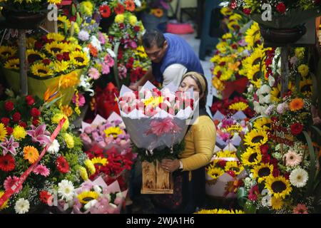 Città del Messico, Messico. 13 febbraio 2024. Un venditore di fiori trasporta fiori prima di San Valentino a città del Messico, Messico, 13 febbraio 2024. Crediti: Francisco Canedo/Xinhua/Alamy Live News Foto Stock