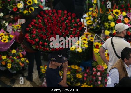 Città del Messico, Messico. 13 febbraio 2024. Un uomo porta fiori prima di San Valentino a città del Messico, Messico, 13 febbraio 2024. Crediti: Francisco Canedo/Xinhua/Alamy Live News Foto Stock