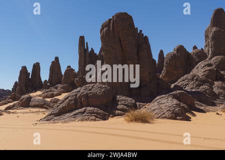 Torreggianti pinnacoli di roccia sorgono dalle sabbie dorate nel paesaggio aspro di Tassili N'Ajjjer, che mostra la bellezza della geologia del deserto Foto Stock