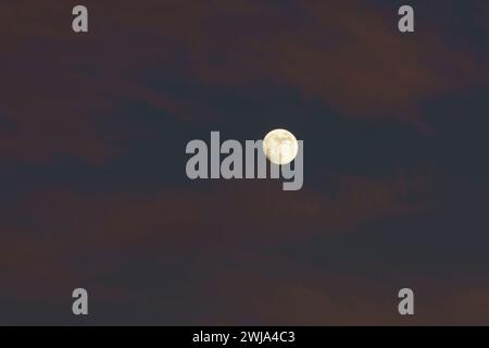 La luna piena si distingue contro le sfumature crepuscolari del cielo, emettendo una luce soffusa Foto Stock