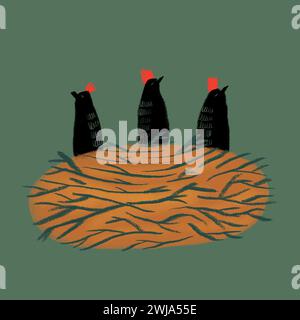 Tre blackbird stilizzati con stemmi rossi appollaiati su un nido su uno sfondo verde tenue Foto Stock