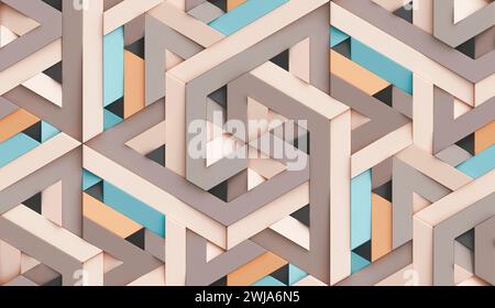 Sfondo 3D sotto forma di imitazione del mosaico decorativo origami di colori marrone sabbia blu e arancione con texture realistiche e senza cuciture di alta qualità Foto Stock